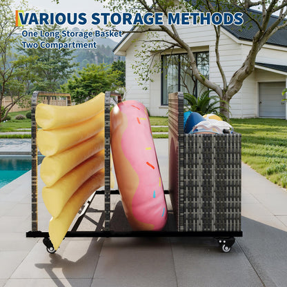 Pool Float Storage Organizer with Rolling Wheels, Outdoor Wicker Rattan Pool Caddy & Toy Storage Basket for Poolside, Patio & Deck, All-Weather PE Rattan Pool Caddy, 2 Open Compartments, Grey