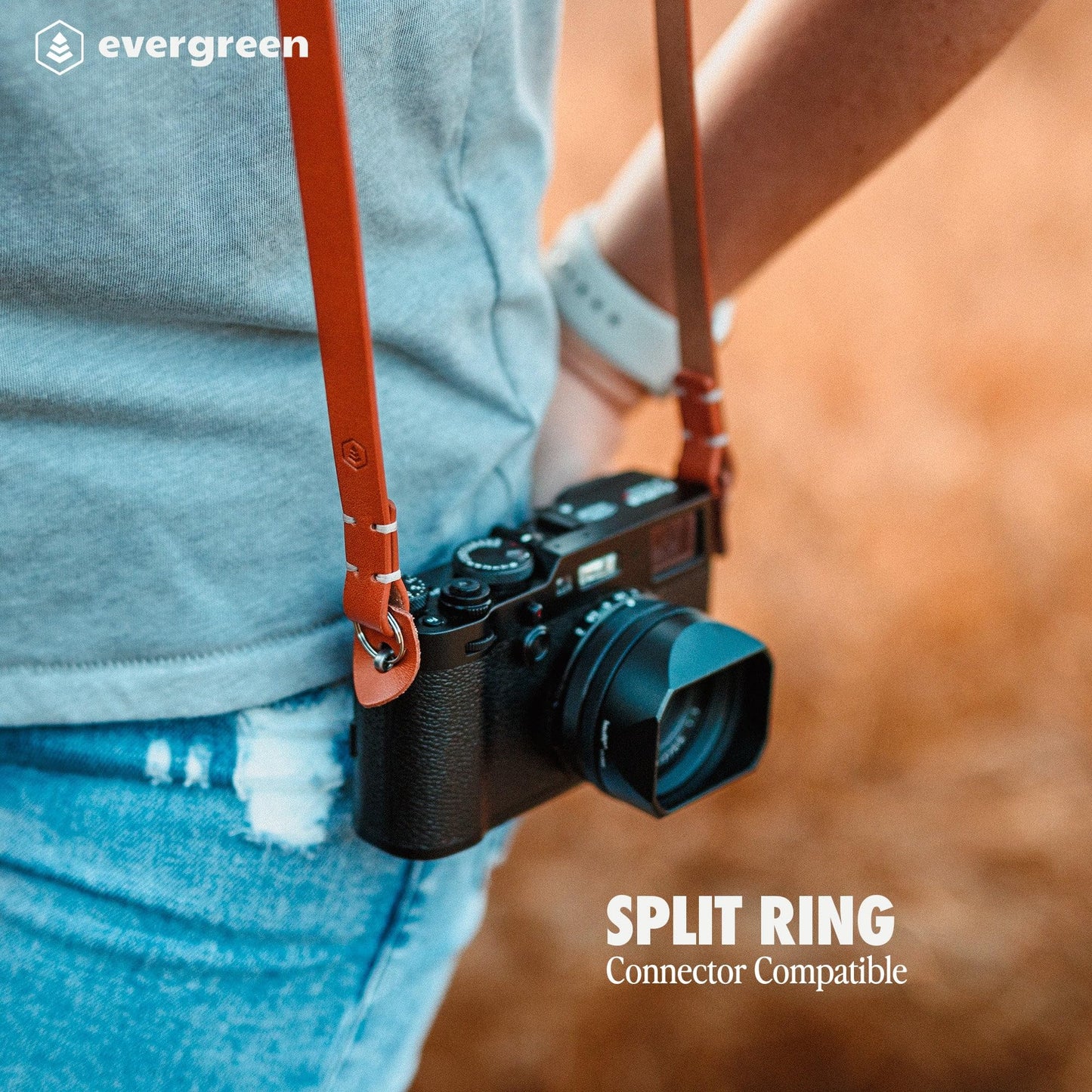 Evergreen Leather Camera Strap – Split Ring, 28 Inch Neck Shoulder Slim, Vintage Modern Design, Hand Stitched, Compatible with Fuji Sony Nikon Leica Canon (Black)
