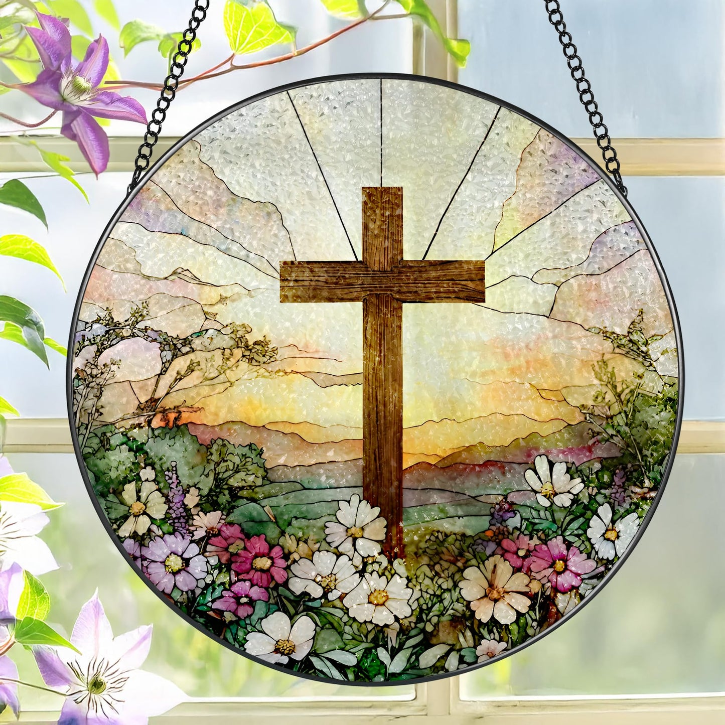8 Inch Stained Glass Cross and Wildflowers Suncatcher Christian Stained Glass Windows Hanging Flower Cross Gift for Religious Easter Faith Christian Gifts Religious Home Decor