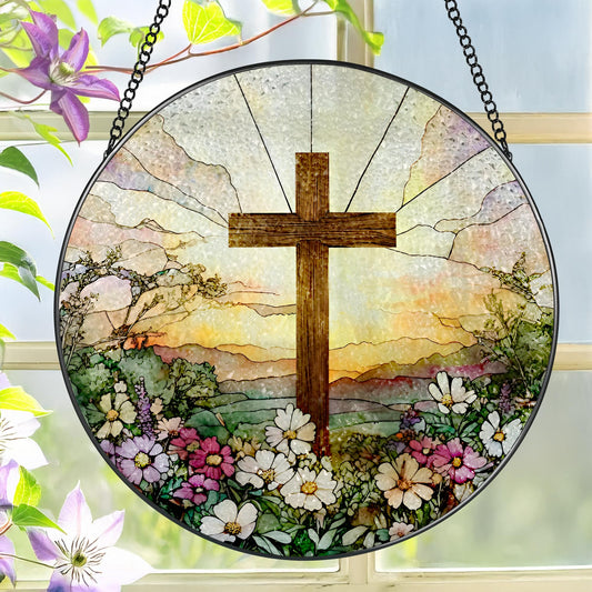 8 Inch Stained Glass Cross and Wildflowers Suncatcher Christian Stained Glass Windows Hanging Flower Cross Gift for Religious Easter Faith Christian Gifts Religious Home Decor