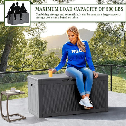 Greesum 100 Gallon Resin Deck Box Large Outdoor Storage, Imitation Rattan Weave Texture for Patio Furniture, Garden Tools, Pool Supplies, Weatherproof and UV Resistant, Lockable, Gray