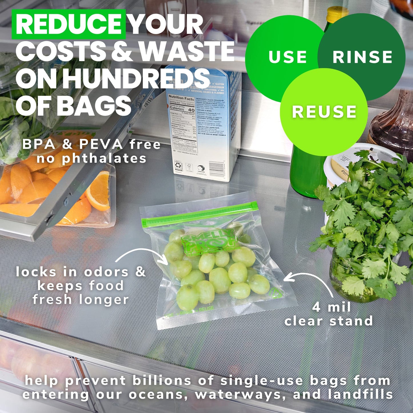 Smelly Proof 10 x Expandable Stand-Up & Fill REUSABLE Storage Bags for Food Designed & Mfg in US, NO PEVA, BPA FREE, Reusable Snack Bags, Dishwasher-Safe, Clear 3 mils STAND & FILL 6" x 4" - 10pk