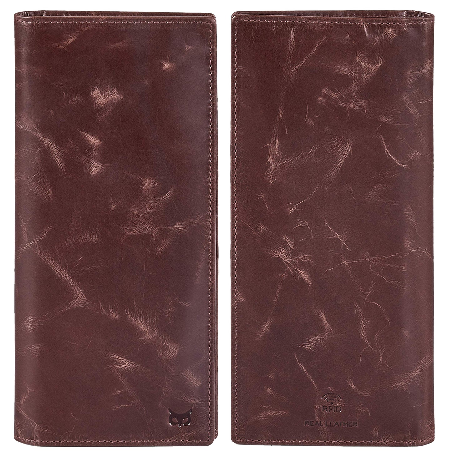 Long Wallet for Men Women Real Leather Bifold RFID Stylish Slim Handmade 2 ID Window Credit Card Holder in Gift Box (Coffee, Wax Pull Up)