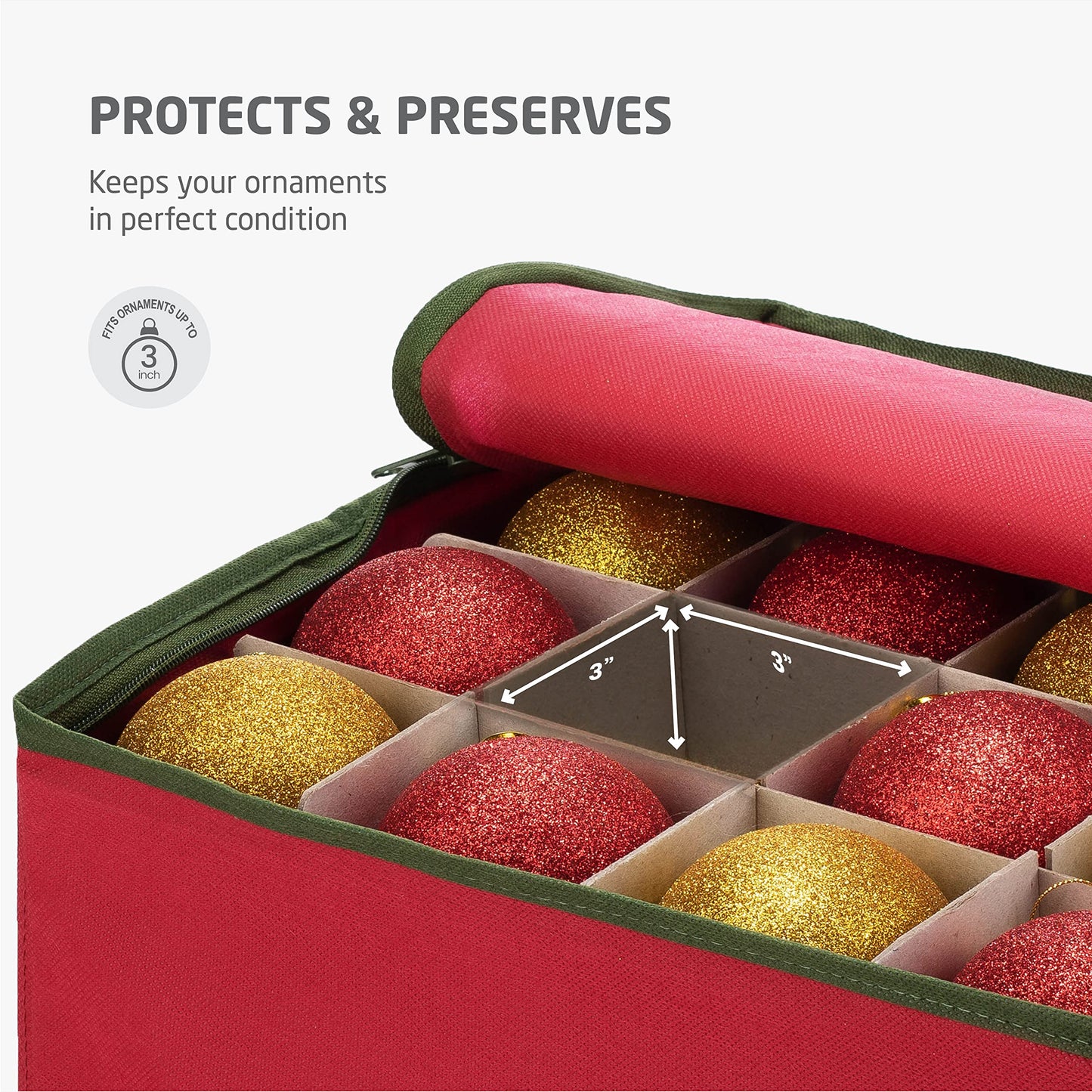 ZOBER Large Christmas Ornament Storage Box - Stores 128 3" Ornaments, With Dividers - Ornament Organizer Storage Box, Durable Christmas Containers Holder - Extra Pockets, Dual Zipper - Red