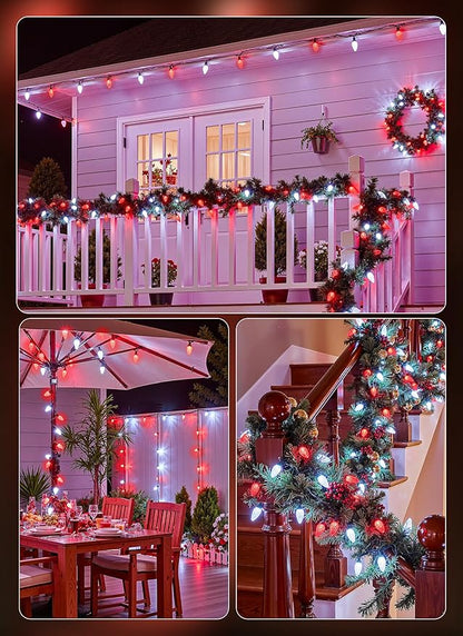 C9 Outdoor Christmas Lights, 72 FT 110 LED C9 String Lights, 8 Modes & Timer Extendable Waterproof for Christmas Tree Indoor Outdoor Roofline Patio Outside Garden Backyard Xmas Decor, Red White 2 Pack