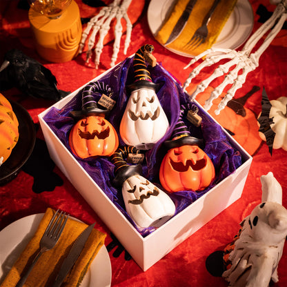 Valery Madelyn Pumpkin Halloween Decorations Indoor for Home, 2Pcs Resin Halloween Figurines with Light, White and Orange Jack o Lantern Decor with Witch Hat for Table Tiered Tray, 5.7" Tall