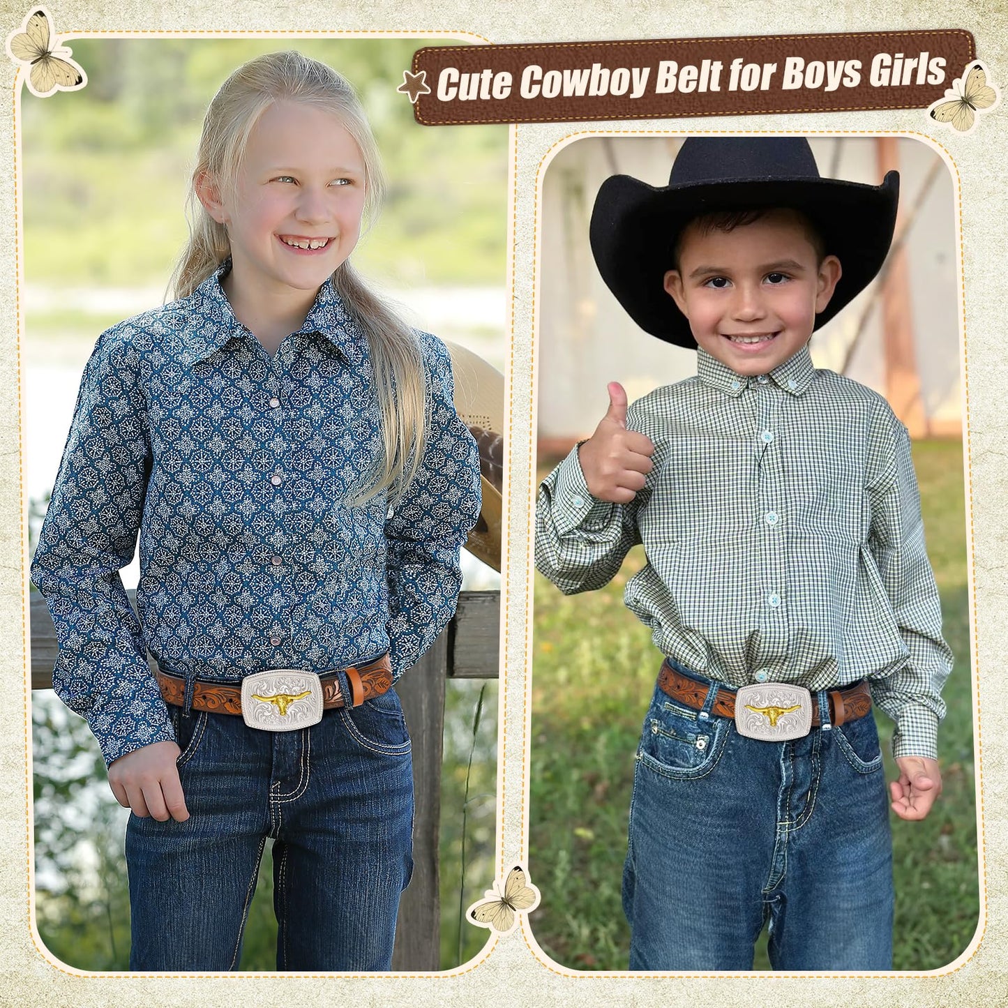 JKEEMI Kids Western Belt, Boys Girls Cowboy Belt for Kids with Detachable Square Buckle and Genuine Leather for Jeans Gifts