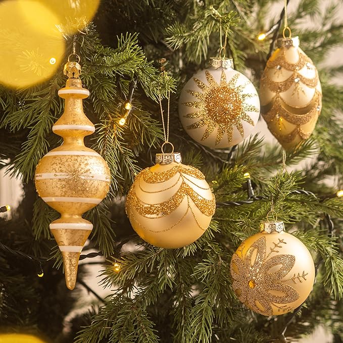 Valery Madelyn Glass Christmas Ornaments Set, 10ct White Gold Mercury Blown Glass Christmas Tree Ball Decorations, Luxury Xmas Hanging Teardrop Finial Faceted Reflector for Holiday Decor