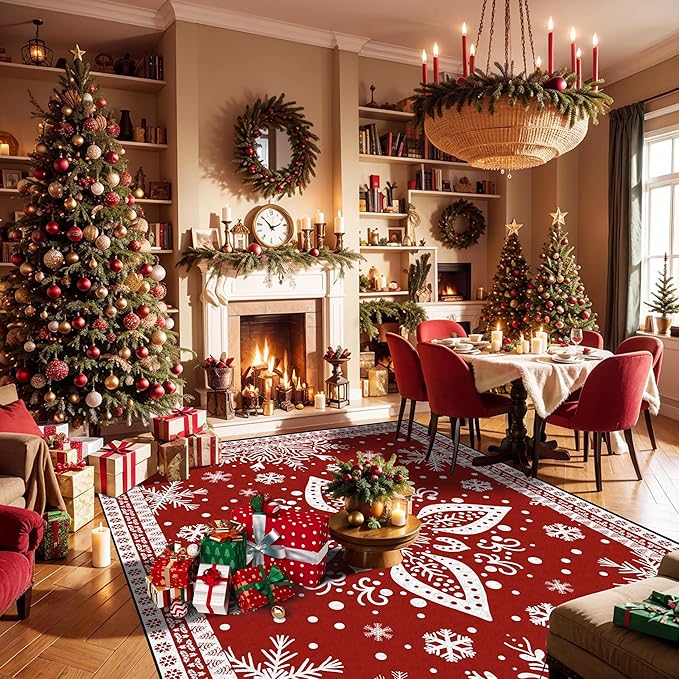 4' X 6' Christmas Rug Snowflake Area Rugs for Bedroom Living Room Laundry Nursery Dorm Entryway Aesthetic Xmas Carpet for Girls Kids Women Door Mat Pad,Red and White