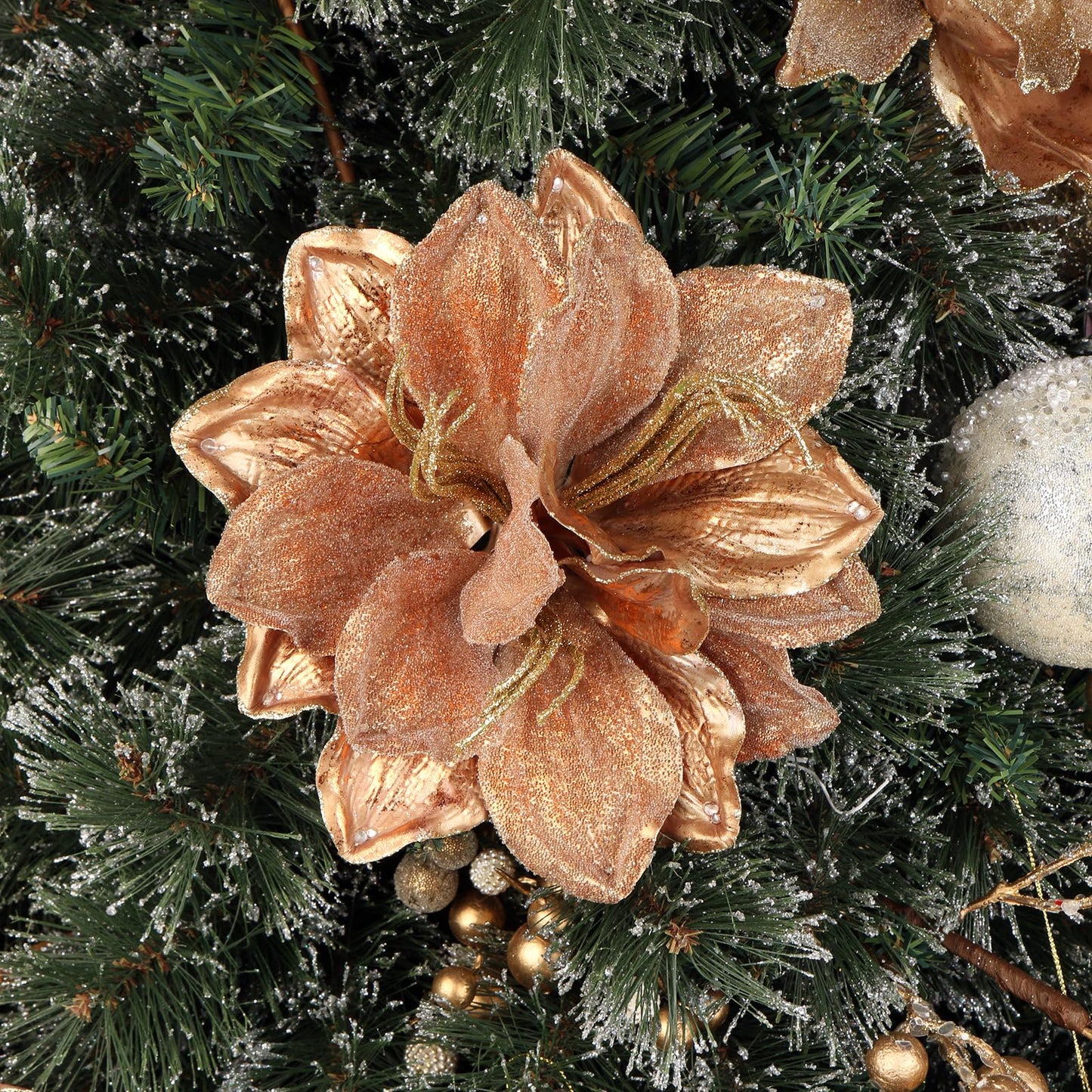 Briful 3PCS Christmas Glitter Poinsettia Flowers 3 Heads Large Artificial Amaryllis Floral Picks 24 Inch Long Stem Fake Flowers Ornaments for Christmas Tree Vase Table Centerpiece Decor (Bronze)
