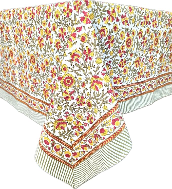 ATOSII Marigold 100% Cotton Spring Summer Tablecloth, Block Print Rectangle Table Cover for Dining, Parties, Weddings, Outdoors, Grand Millenial Decor 60 X 90 Inches I 6 Seater I