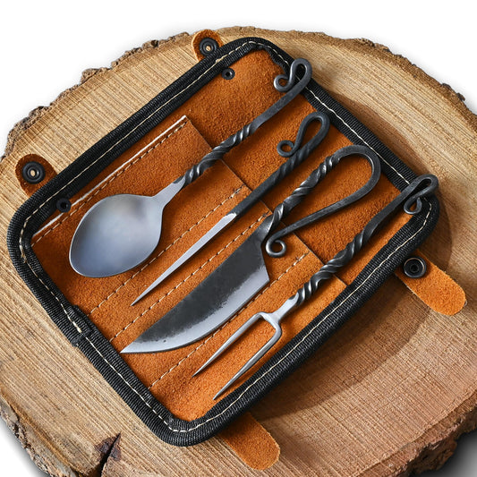 Medieval Silverware Set with Leather Cover - Hand Forged Medieval Cutlery Set - Viking Camping Utensils, Medieval Decor,Gifts - 4 Pcs Viking Utensils Set Fork Spoon and Knife Set (Half Black) (Silver Black)