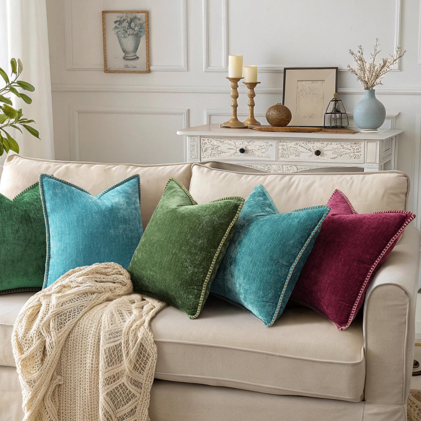 decorUhome Fall Chenille Soft Cozy Throw Pillow Covers 18x18 Set of 2, Modern Farmhouse Boho Velvet Decorative Pillow Cases with Stitched Edge for Couch Sofa Bed Home Decor, Forest Green