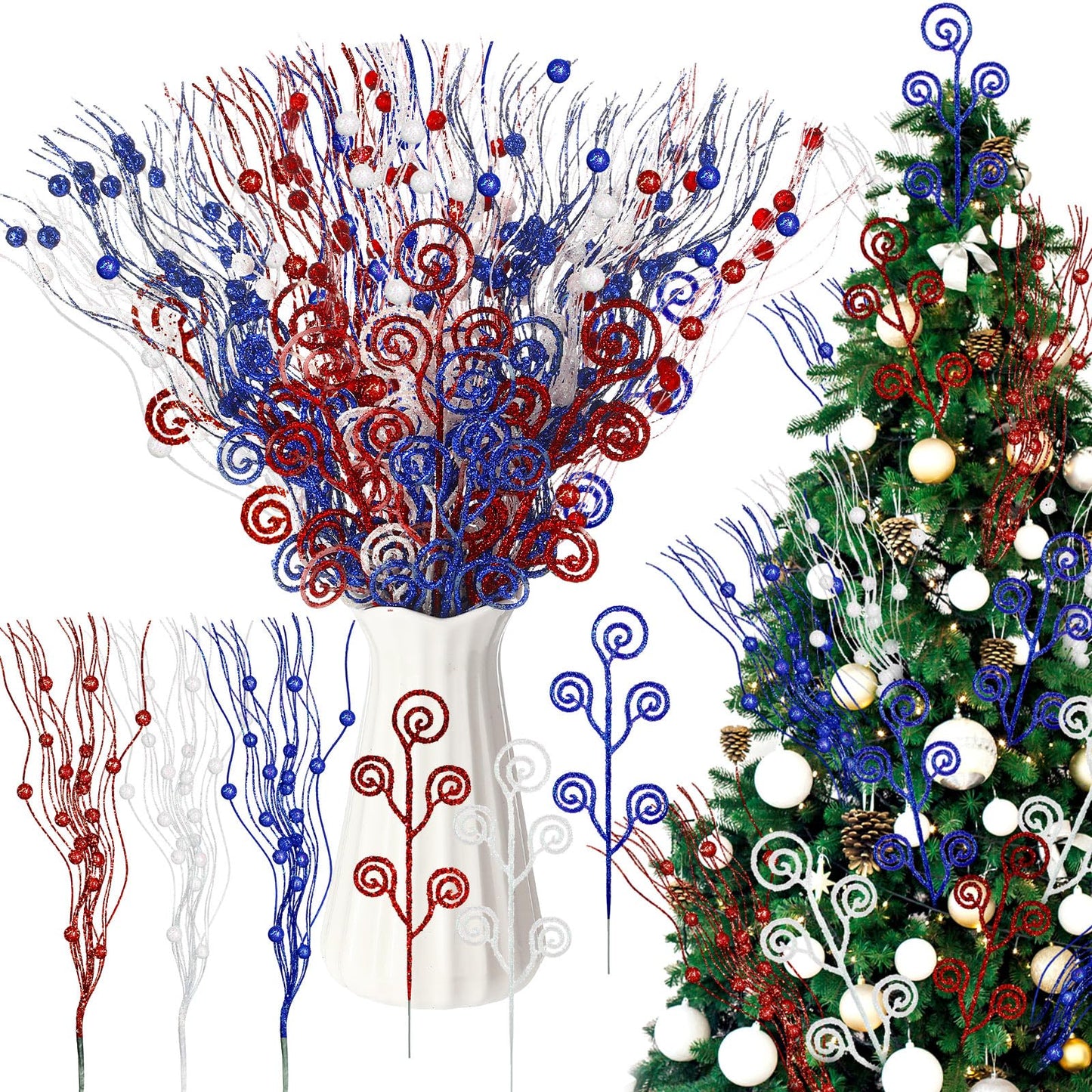 Daifunli 36 Pcs Red Blue White Patriotic Berry Stem Pick and Sprays Ornament 4th of July 17'' 12'' Artificial Flowers 250th Anniversary Independence Day Glitter Branch Stick Filler for Wreath Vase