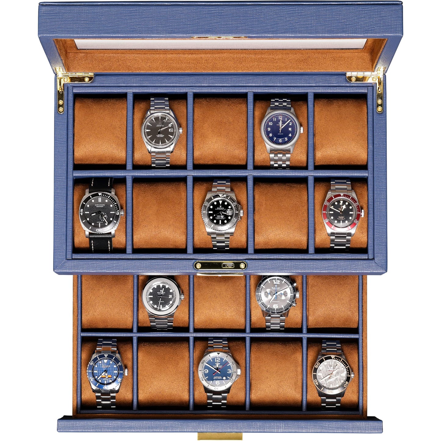 ROTHWELL 20 Slot Leather Watch box - Luxury Case Display Jewelry Organizer, - Locking Display Case Holder with Large Real Glass Top - Watch Box Organizer for Men and Women (Blue/Tan)
