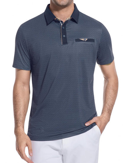 Esabel.C Men's Golf Polo Shirts Print Moisture Wicking Short Sleeve Dry Fit Stretch Polo Shirts for Men Navy Geometry, XL