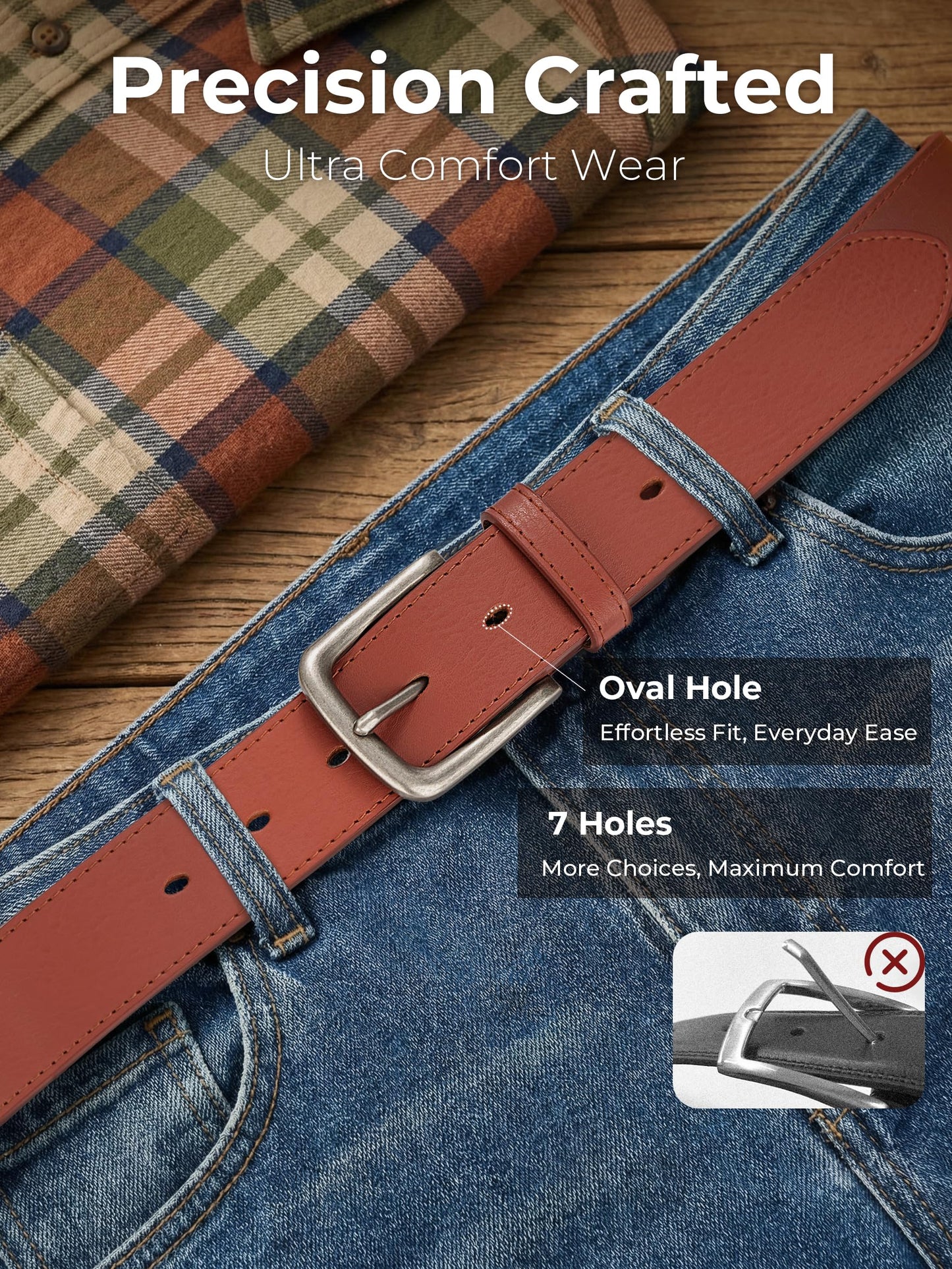 MILORDE Full Grain Leather Belt for Men, Work Belts for Men Heavy Duty, Daily Wear for Jeans Pants (Reddish Brown 209, 40)
