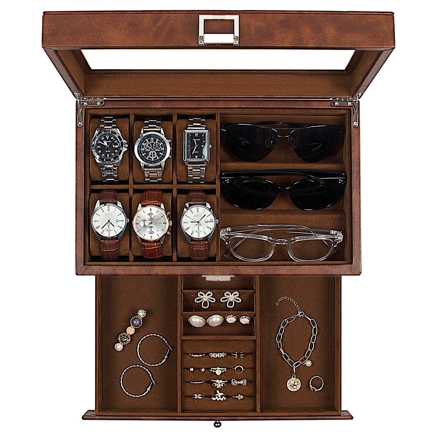 GUKA Watch box, 6 Slot Watch Case, 3 Slot Sunglass Organizer, Watch Cases for men with Real Glass Lid, Watch Organizer storage with Jewelry Case, Birthday for Men and Women,