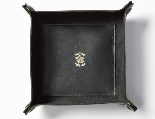 USA Handmade Premium Leather Valet Tray, Folds Flat! Dice Rolling Basket and Organizer with Brass Snaps - for Keys, Jewelry, Coin, EDC, Watch Storage Caddy - Black Medium