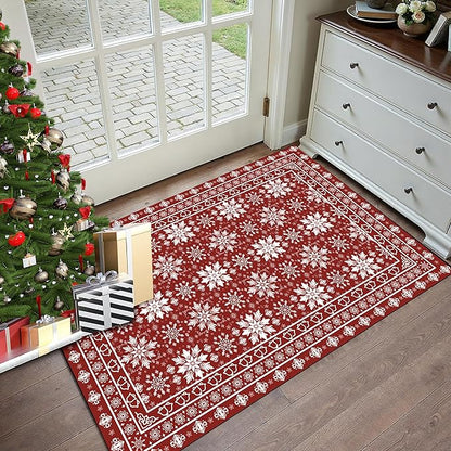 3' X 5' Christmas Rugs Red Snowflake Area Rug Indoor Washable for Entryway Dorm Laundry Bedroom Living Room Nursery Xmas Doormat for Kids Women Holiday Decor Mat Vintage