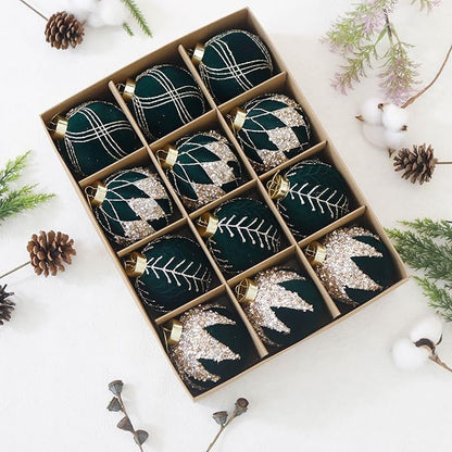 3.15INCH Green Velvet Ornaments for Christmas Tree, 12PCS Glitter Flocked Christmas Ornaments Decorations Balls Set Decor