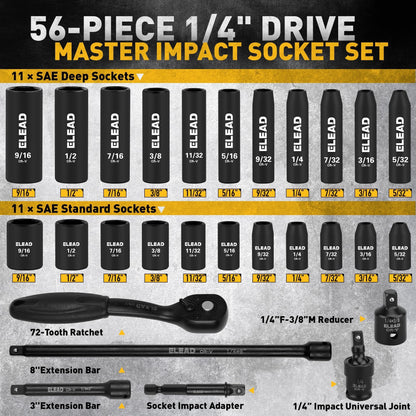 ELEAD 1/4" Drive Impact Socket Set, 56-Piece Standard SAE (5/32 to 9/16 inch) and Metric (4-15mm) Size, Deep & Shallow, 6 Point, Cr-V, 72-Tooth Ratchet Handle, Extension Bar, Universal Joint