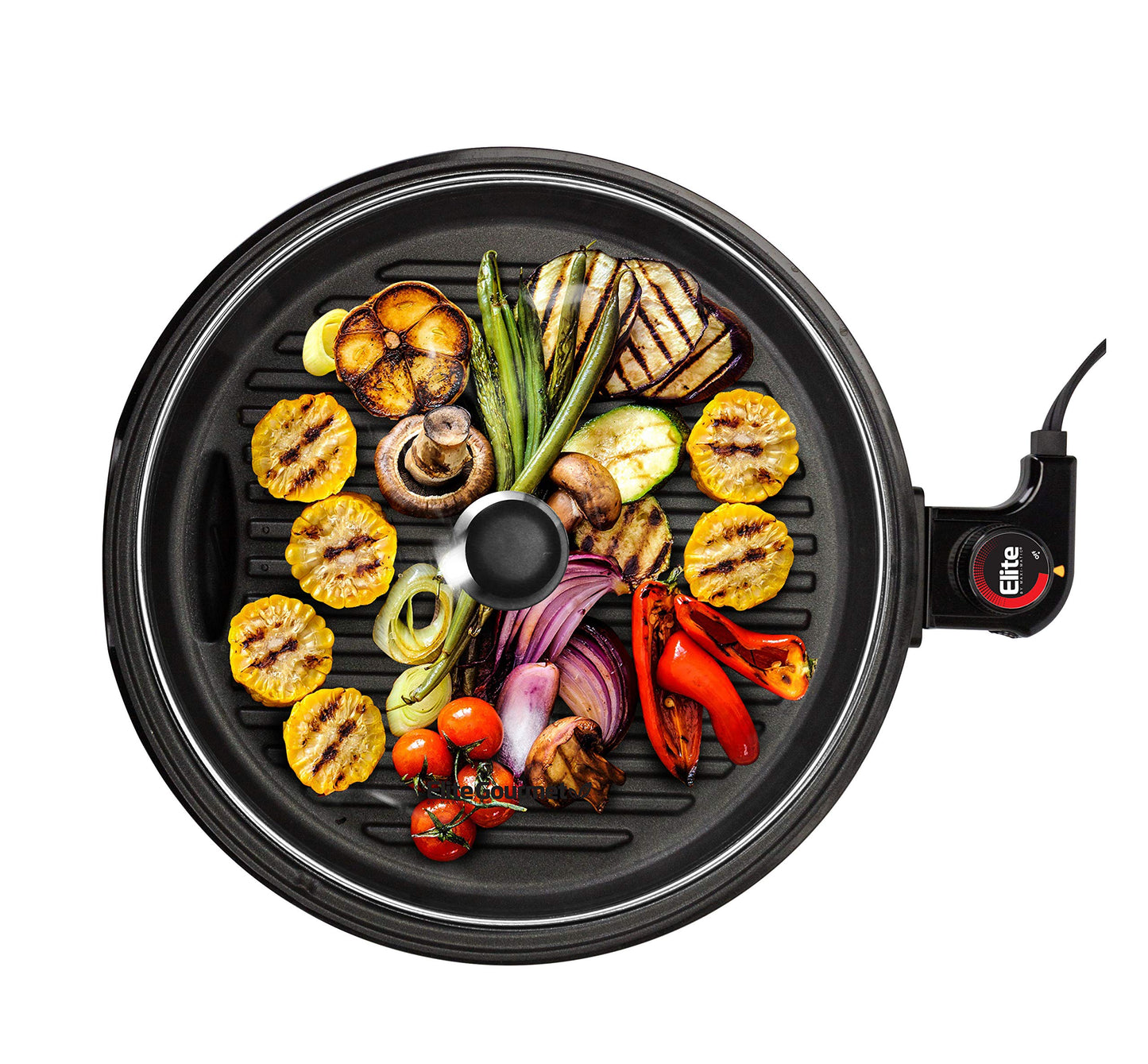 Elite Gourmet EMG-980B Smokeless Electric Tabletop Grill Nonstick, 6-Serving, Dishwasher Safe Removable Grilling Plate, Grill Indoor, Tempered Glass Lid, Adjustable Temperature, 14" Black