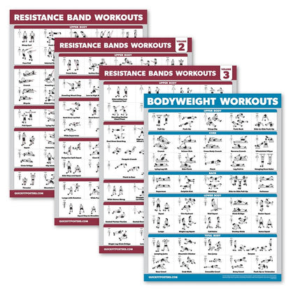 Palace Learning 4 Pack - Resistance Bands Workout Posters Volume 1, 2 & 3 + Bodyweight Exercise Chart (LAMINATED, 18" x 24")