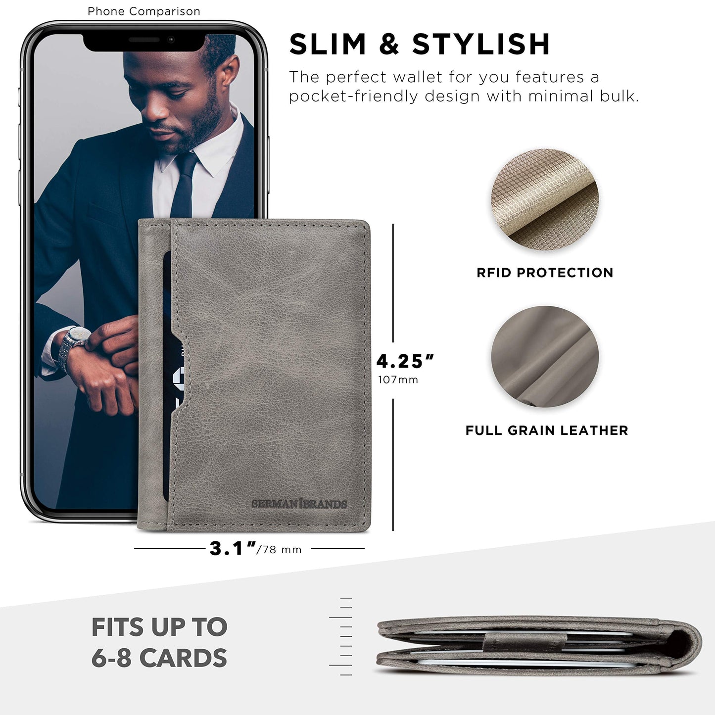 SERMAN BRANDS Wallets for Men Slim Mens leather RFID Blocking Minimalist Card Front Pocket Bifold Travel Thin (Slate Gray 5.S)