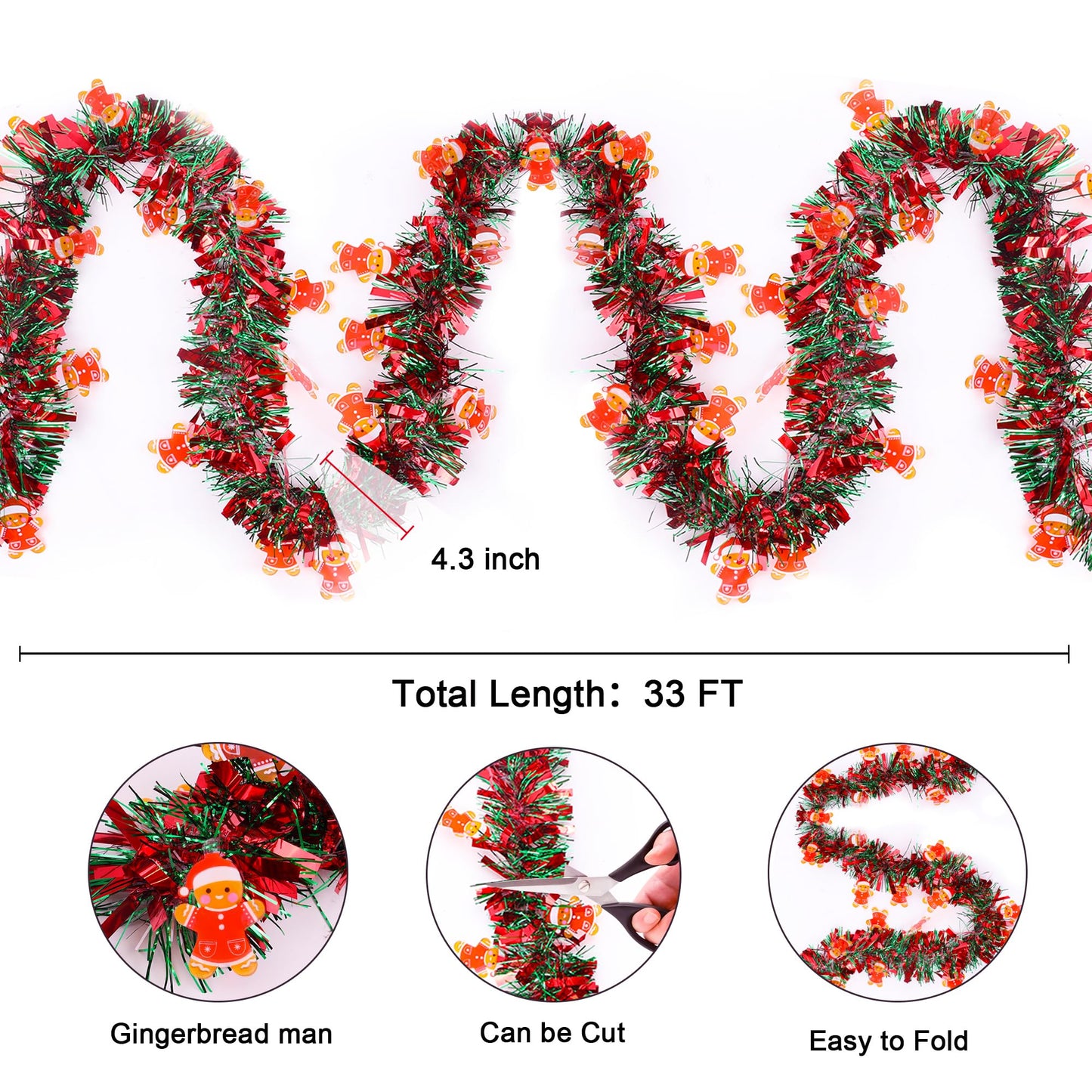 Christmas Garland Decorations 33 FT Red Green Christmas Tinsel Garland with Gingerbread Man Ornaments, Metallic Christmas Tree Garland Indoor Outdoor for Home Mantle Fireplace Xmas Holiday Party Decor