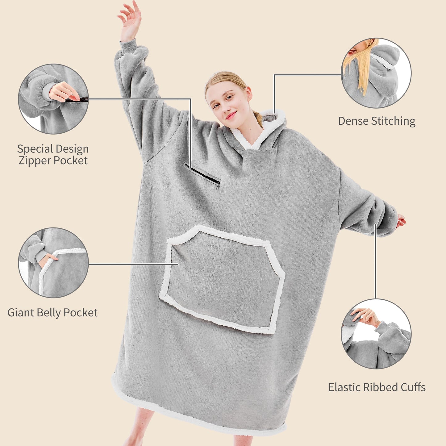 IFNOW Wearable Blanket Hoodie,Oversized Sherpa Hooded Blanket Sweatshirt with Eye Mask and Pocket,Cozy Flannel Blanket with Sleeves for Adult, Christmas Birthday Gifts for Women Mom Girlfriend,Grey