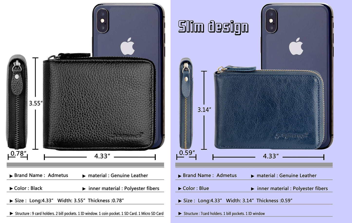 Admetus Men's Zipper Wallet Leather Bifold Wallets Slim RFID Blocking Zip Around Credit Card Holder Compact Small Wallet 2Navy Blue
