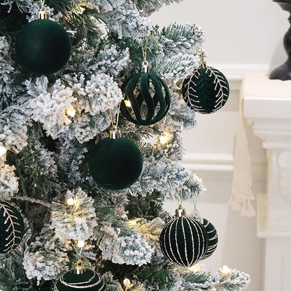 4inch Velvet Ornaments for Christmas Tree, 9PCS Glitter Flocked Christmas Ornaments Decorations Balls Set Decor Green
