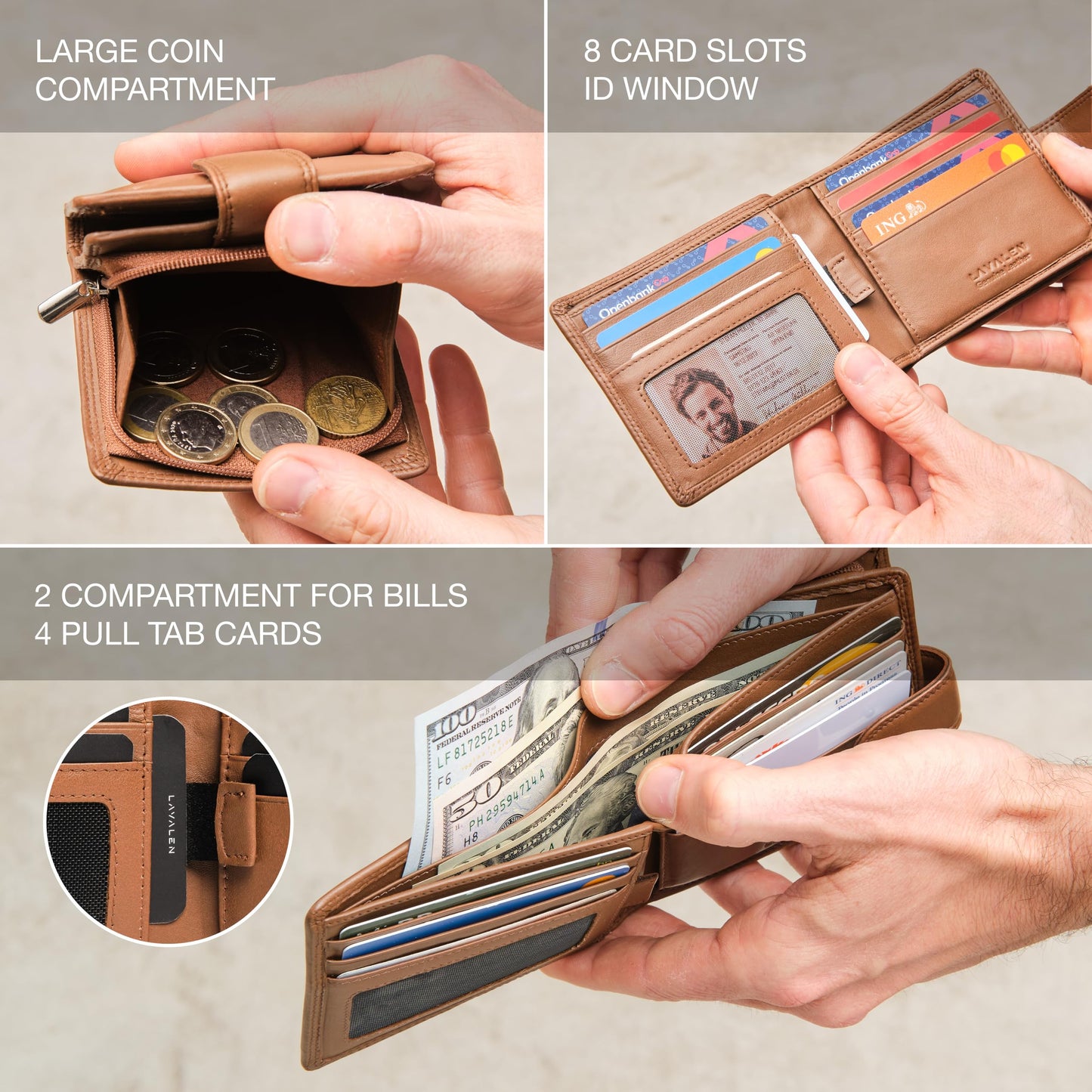 Lavalen Soft Leather Wallet for Men – Genuine Bifold with Zipper Coin Pocket – Holds Bills, Credit Cards, Coins – RFID Blocking Protection – Stylish, Durable & Practical Leather Wallet for Men