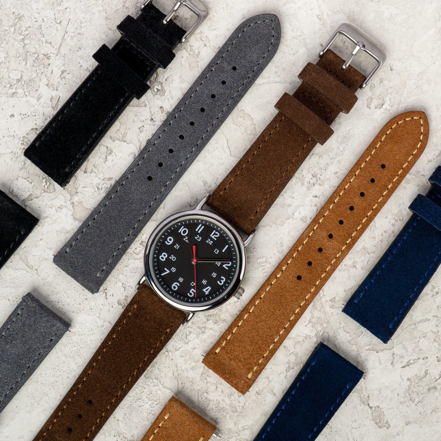Benchmark Suede 20mm Leather Watch Band – 20mm Quick Release Watch Band with Stainless-Steel Buckle & 9 Adjustable Holes – Black Leather Watch Bands for Men & Women (20mm, Black)
