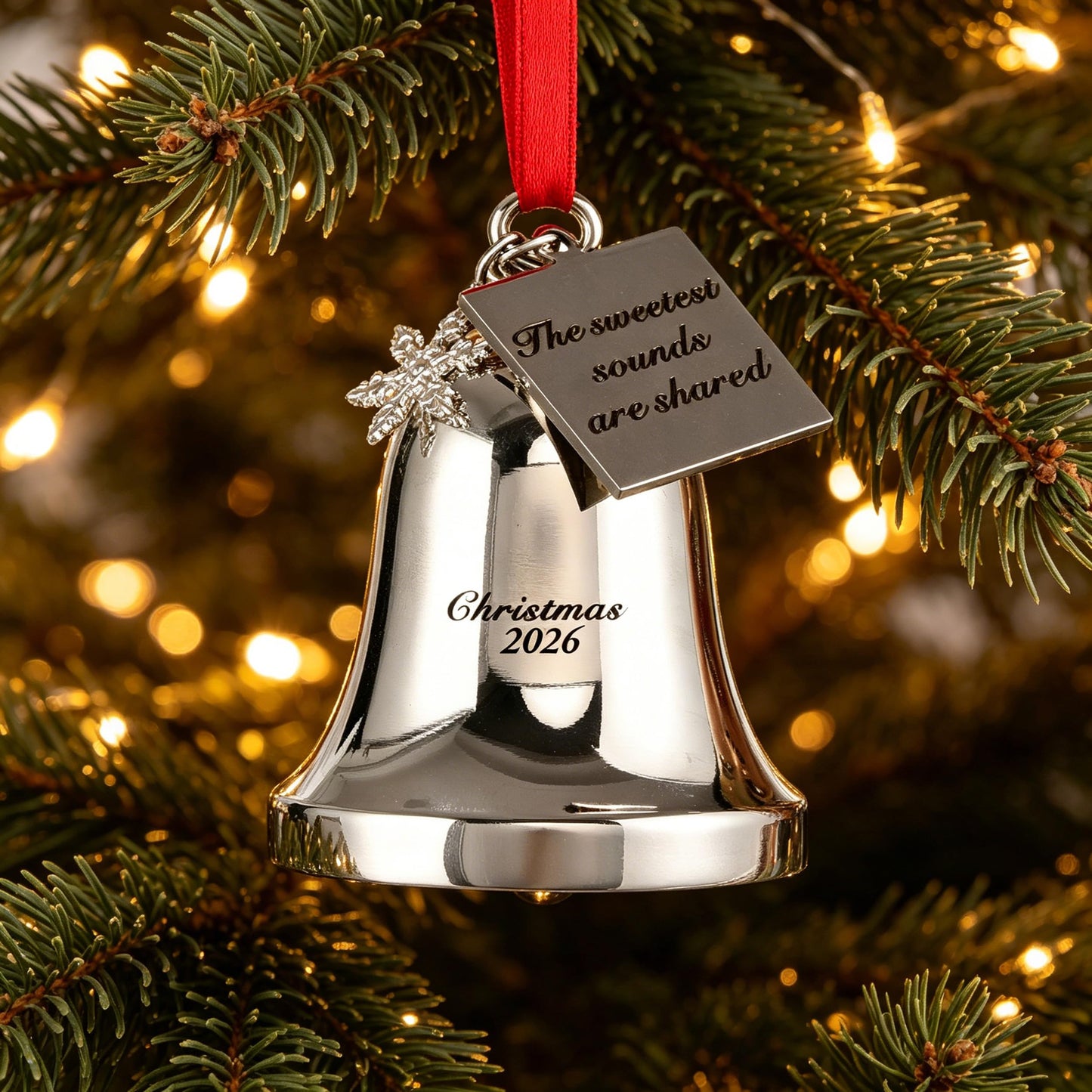 FKOG Christmas Bell Ornament 2026, Silver Metal with Snowflake Charm, Red Ribbon, Quote - The Sweetest Sounds are Shared Design, Holiday Tree Decoration, 3x2.4x2.4 Inches (Silver)