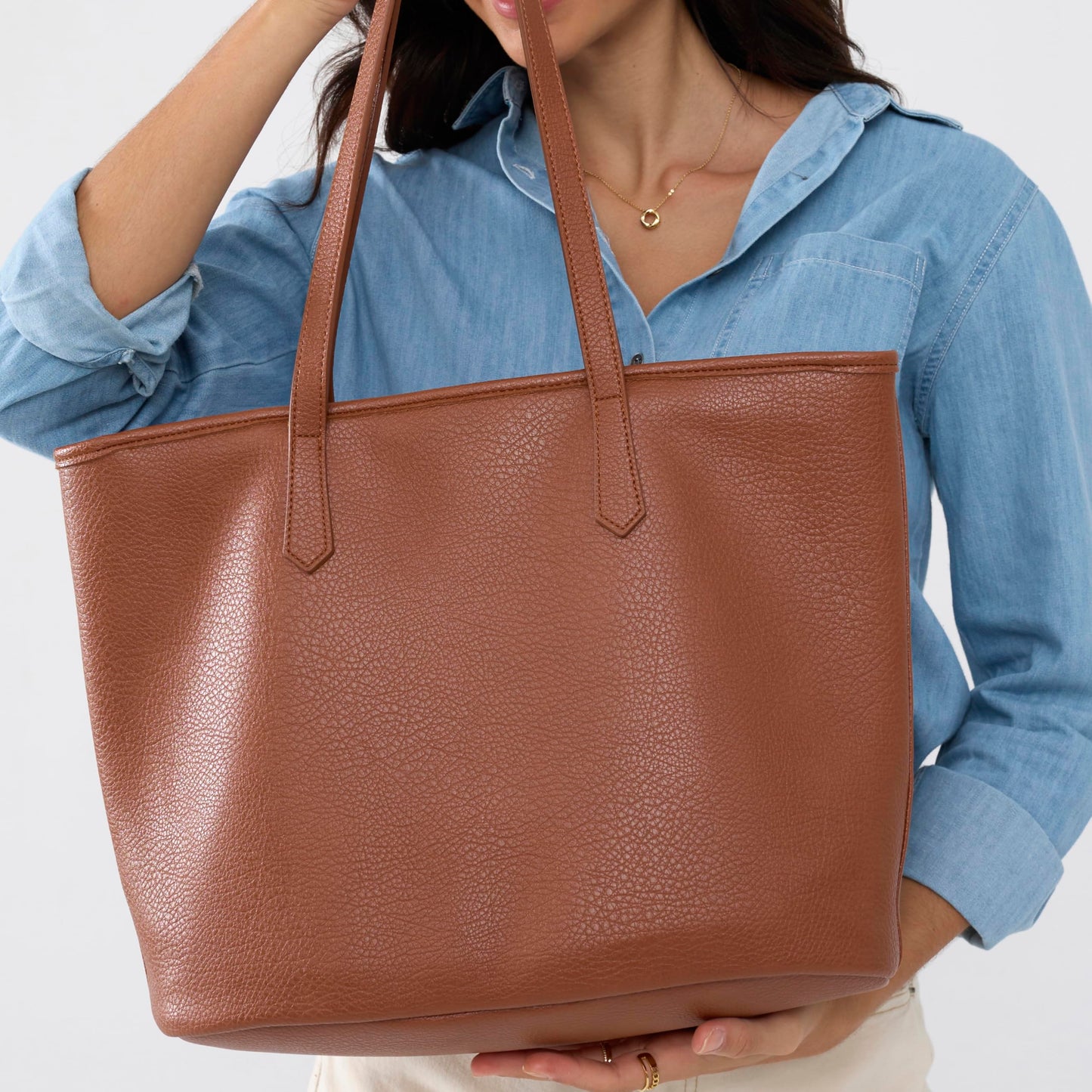 Zipper Tote Bag for Women Soft Vegan Leather Handbag for Work, Travel & Everyday Use (Brown)