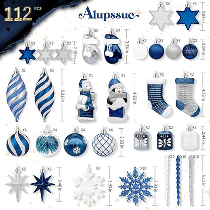 Alupssuc 112pcs Christmas Balls Ornaments Set, Shatterproof Plastic Baubles Christmas Penguin, Polar Bear for Xmas Tree Holiday Wedding Party Decorations with Hanging Strings, Blue and White