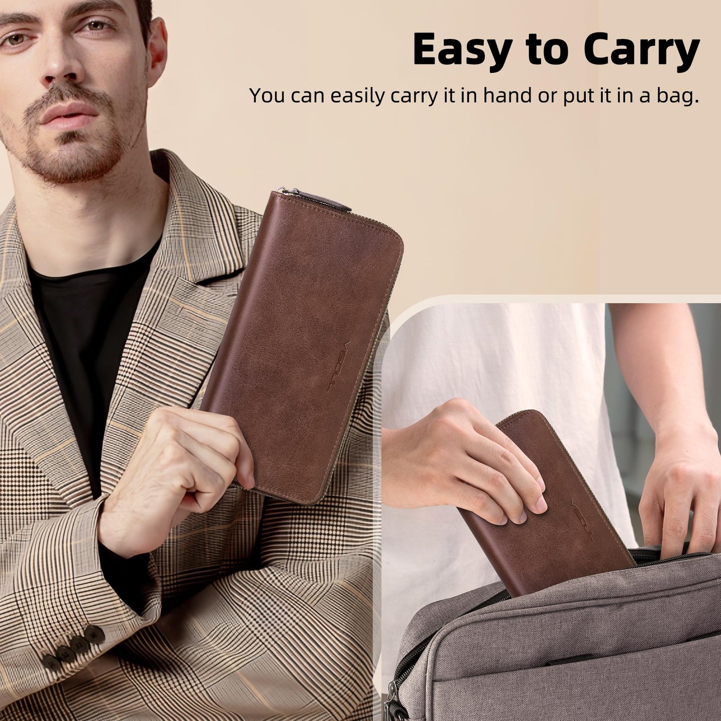 VISOUL Leather Long Zipper Pouch Wallet for Men and Women with RFID Blocking, Large Clutch Cash Long Wallet with Zipper (Brown)