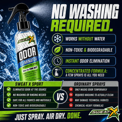 Sweat X Sport Extreme Odor Spray – Multipurpose Deodorizer for Stinky Shoes, Clothes, Sports Equipment & All Fabrics – Concentrated Formula, No Washing Required - Active Fresh Scent – 8 Fl Oz