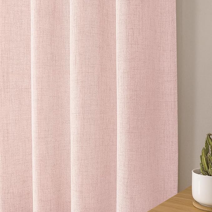 Tollpiz Linen Curtain Bedroom Rod Pocket Semi Sheer Curtains Burlap Light Filtering Thick Linen Drape for Living Room, 54 x 63 inches Long, Pink, Set of 2 Panels