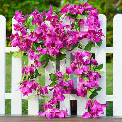 2PCS Bougainvillea Artificial Hanging Flowers Plants for Outdoors Outside Fall Decoration, Faux Silk Flowers Fake Vines UV Resistant Look Real Realistic for Front Door Porch Planter Balcony, Fuchsia