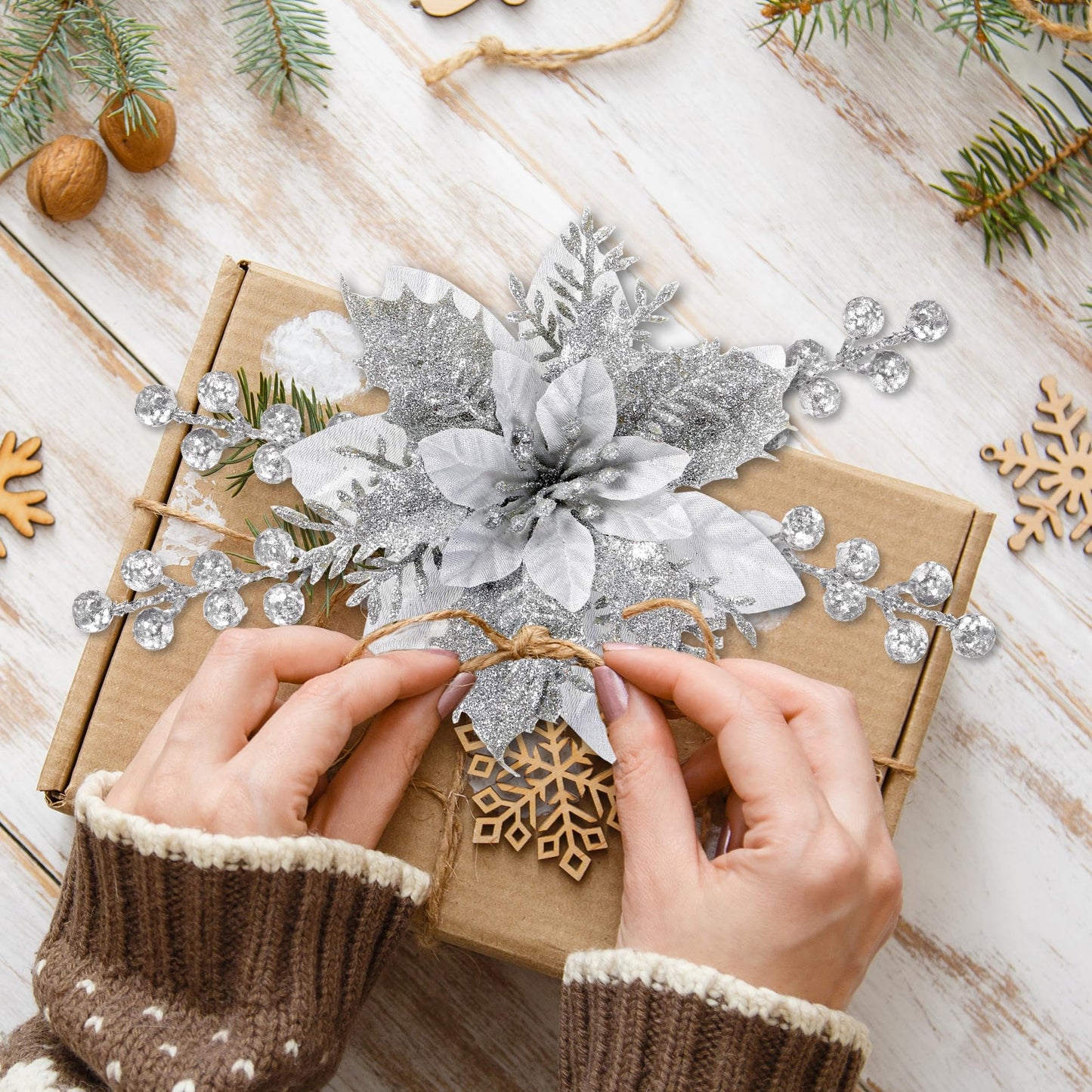 Sggvecsy 30 Pcs 3 Styles Christmas Glitter Poinsettia Flowers Artificial Berry Picks Christmas Tree Ornaments Artificial Christmas Flowers with Clips for Xmas Wreath Wedding Floral Decorations(Silver)