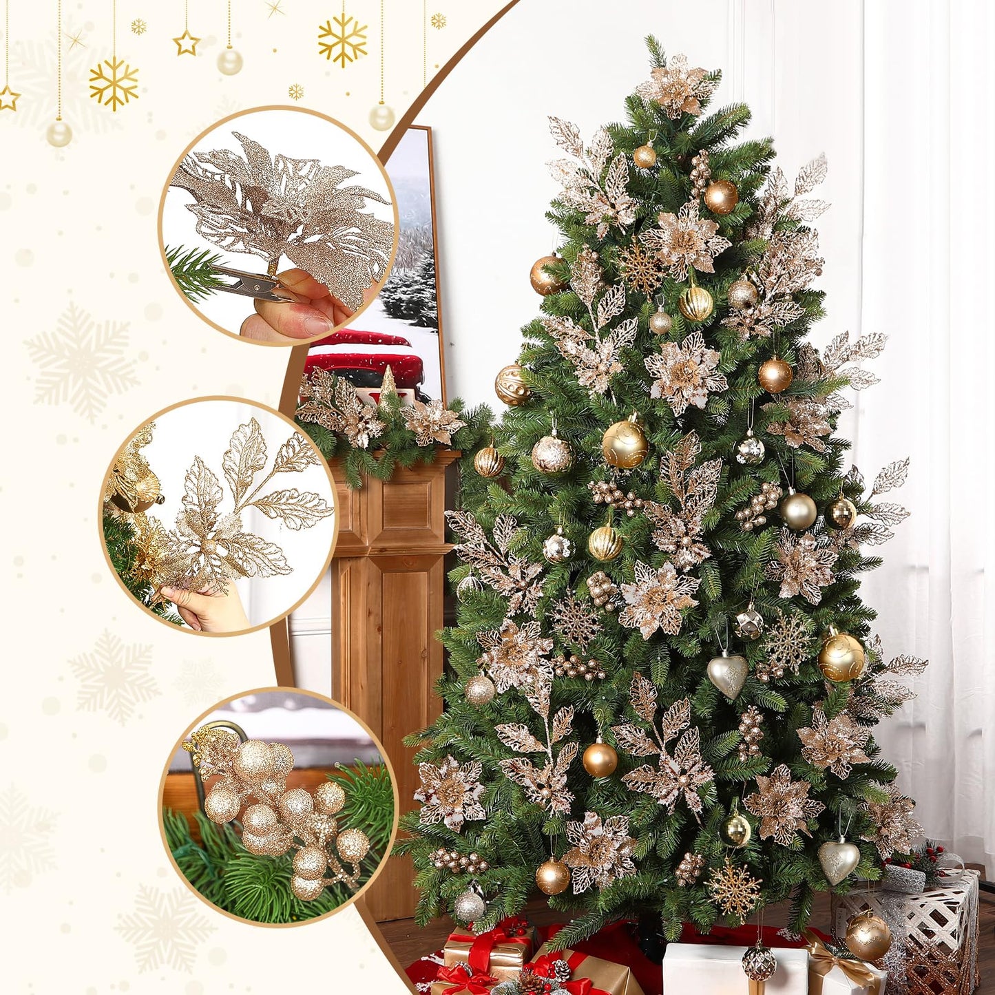 Alupssuc 24 PCS Christmas Tree Decorations, 12 PCS Poinsettia Flowers Artificial+6 PCS Glitter Holly Berry Stems+6 Berry Leaves Christmas Tree Picks for Party Wreath Fireplace, Champagne Gold