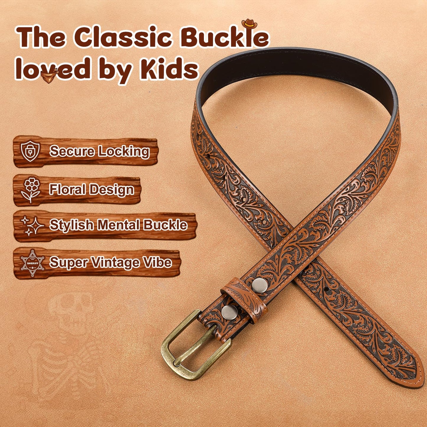 JKEEMI Kids Western Belt, 1.1'' Width Girls Boys Cowboy Leather Belt with Vintage Buckle & Floral Curved - for Jeans Dresses
