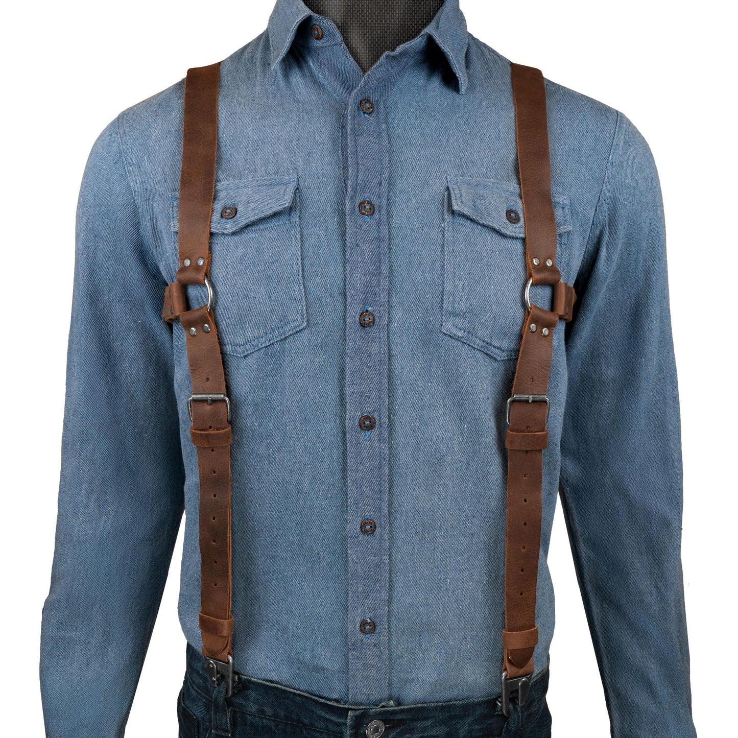 Hide & Drink Renaissance Suspenders for Men, Heavy Duty Mens Leather Suspenders, Western, Steampunk Style, Hipster, Ideal for Dress Pants Jeans Wedding Groomsmen, Brown Leather Back Support Harness