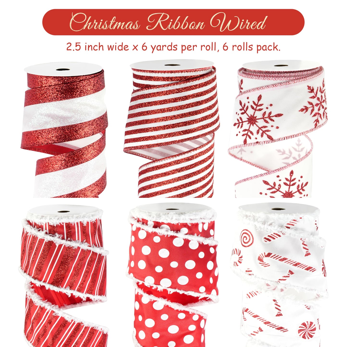 MAYREEL 2.5 Inch Red and White Christmas Ribbon Wired Candy Cane for Christmas Trees Wreaths Tree Toppers Crafts Home Decor Gift Wrapping 6 Rolls Total 36 Yards