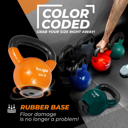 Yes4All Kettlebells Rubber Base, Kettlebell Set for Women, Strength Training Kettlebells Weights (10-65 lbs)