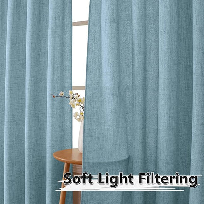 Tollpiz Linen Curtain Living Room Rod Pocket Semi Sheer Curtains Burlap Light Filtering Thick Linen Drape for Bedroom, 54 x 72 inches Long, Dusty Blue, Set of 2 Panels