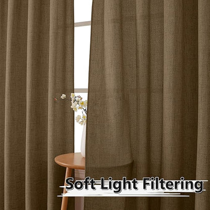 Tollpiz Short Linen Tier Curtains Rod Pocket Semi Sheer Half Kitchen Curtain Burlap Light Filtering Thick Linen Drapes for Bathroom, 30 x 24 inches Long, Brown, Set of 2 Panels